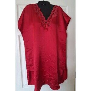 Vintage Satin Sleep Shirt Small/Med Red Shiny Nightie Lace Trim Side Slits